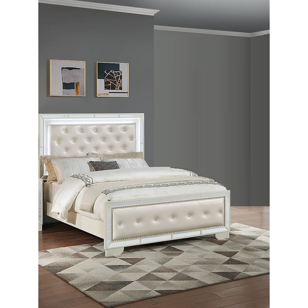 Transitional Style 1pc Bed Set Button Tufted Headboard And Footboard LED Lights Cr eam Finish Bedroom Furniture