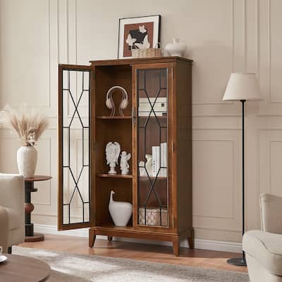 Morden Fort Tall Wooden Storage Cabinet with Glass Doors for Living Room, Dining Room, Cherry