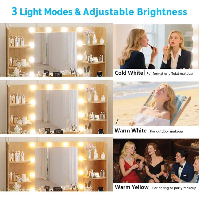 Particle Board Laminated with Textured Melamine, 7-Drawer 4-Tier Shelf, with 10 Three-Color Dimmable Bulbs, Dressing Table Set