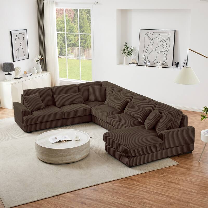 U-Shaped Sectional Sofa with Chaise Lounge, Oversized Corduroy Upholstered Sofa, 5 Seater Sofa with Removable Throw Pillows