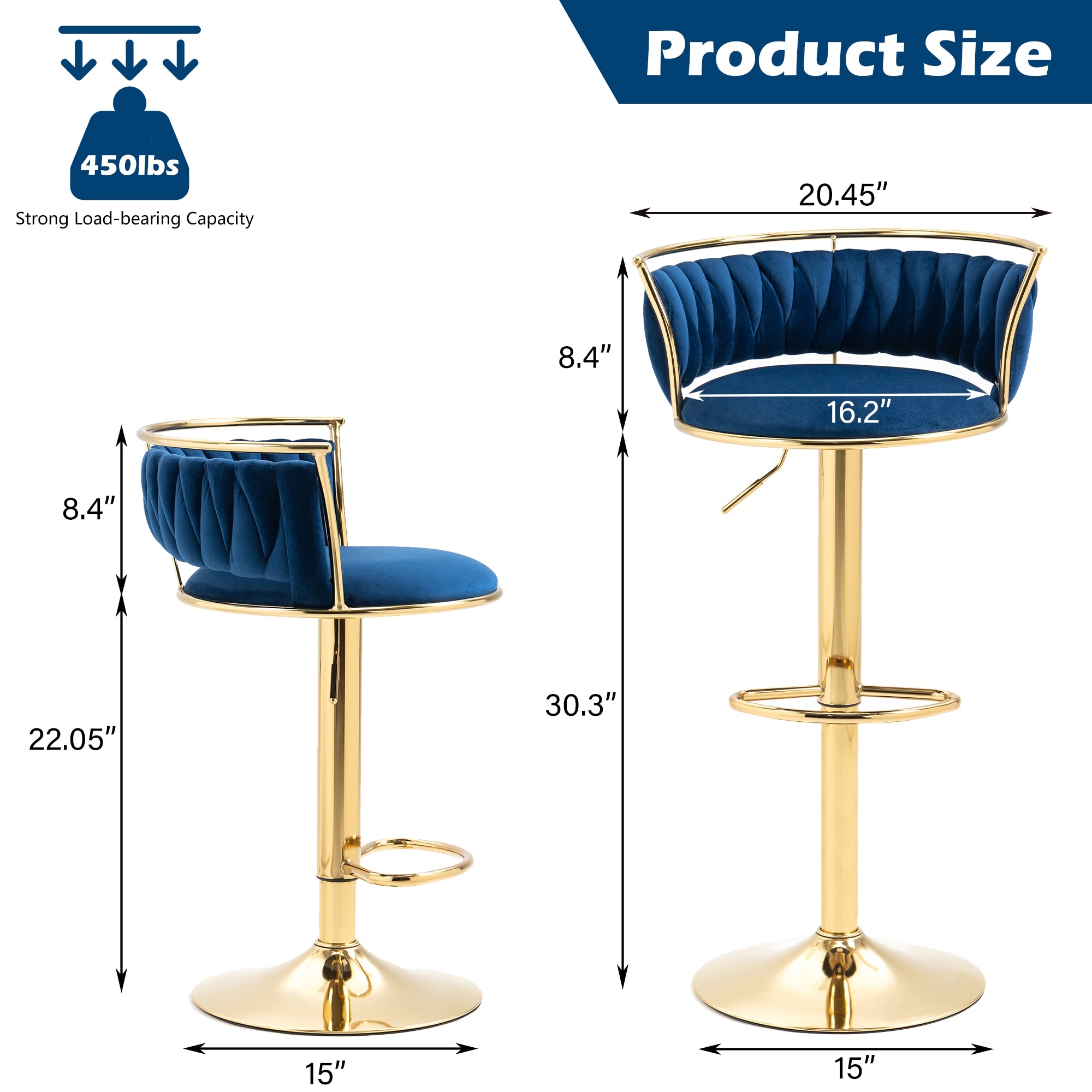 Set of 4 Bar Stools Adjustable Swivel with Gold Frame