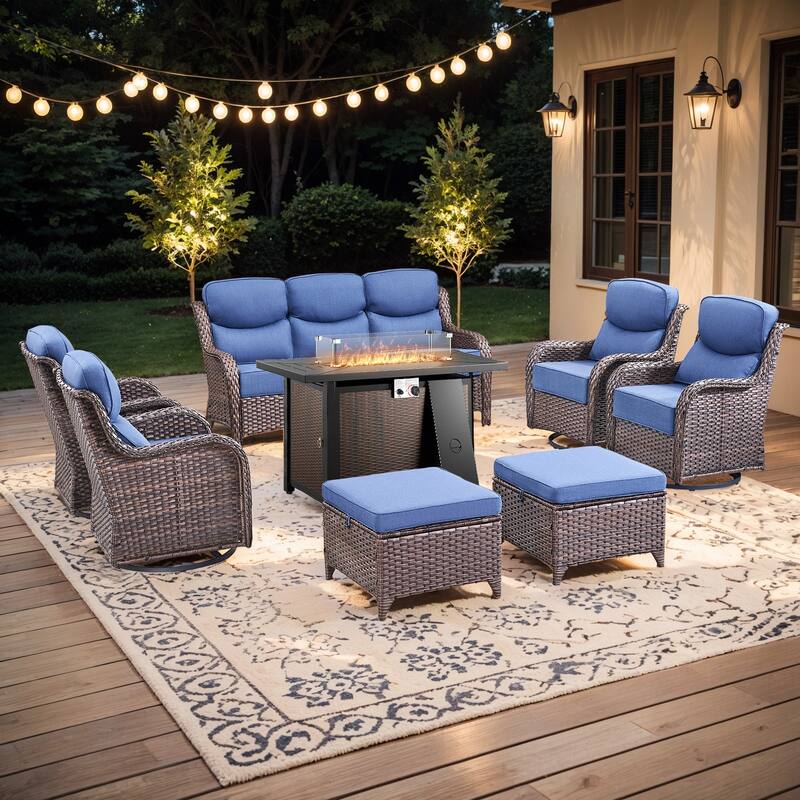 Pocassy Patio Sofa Swivel Chairs Ottoman w/ 43in Fire Table Set - Blue Cushion Brown Wicker - 8-Piece Sofa Siwvel Chair Ottoman w/ Fire Table