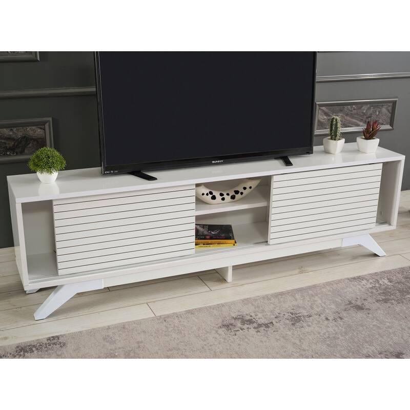 FurnisHome Store Luxia Mid Century Modern Tv Stand 2 Sliding Door Cabinet 2 Shelves 67 inch Tv Uni, White
