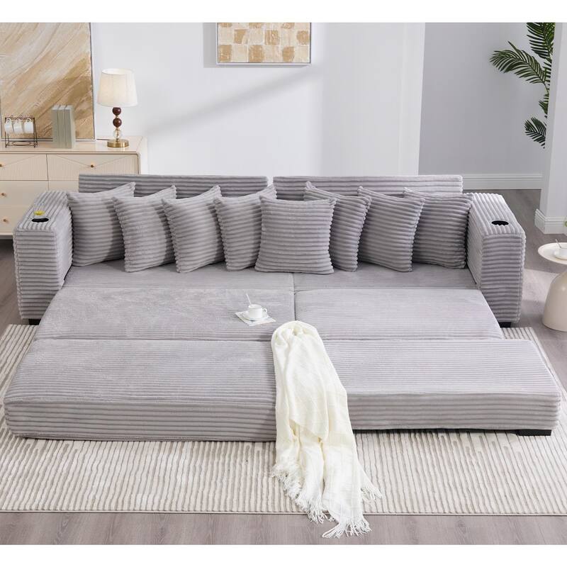 110.75" Corduroy Sectional Sofa, Convertible Sleeper Sofa Bed L-Shaped Upholstered Couch with Removable Footstool, Cup Holder