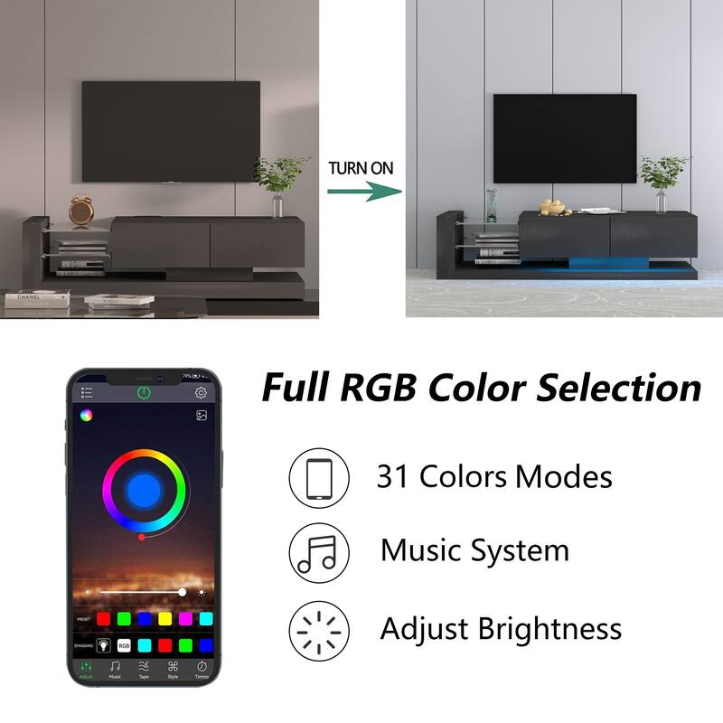 70.8" RGB LED TV Stand for 75" TVs, Modern Entertainment Center with Storage Cabinets, Full-Color Lighting & Power Outlets
