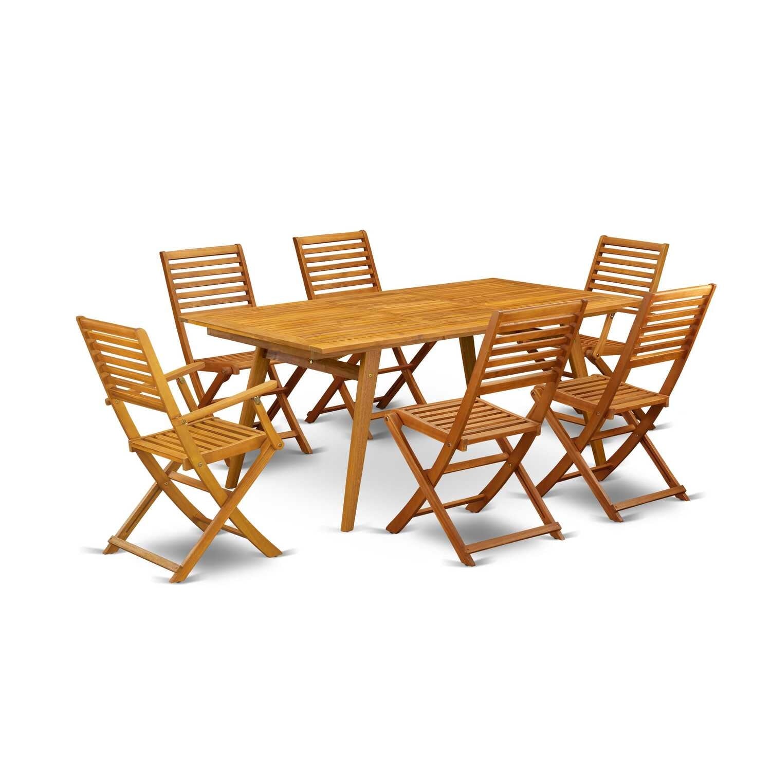 7-Piece Outdoor Dining Set - 6 Armchairs & Small Table - Natural Oil Finish Patio Furniture - 72
