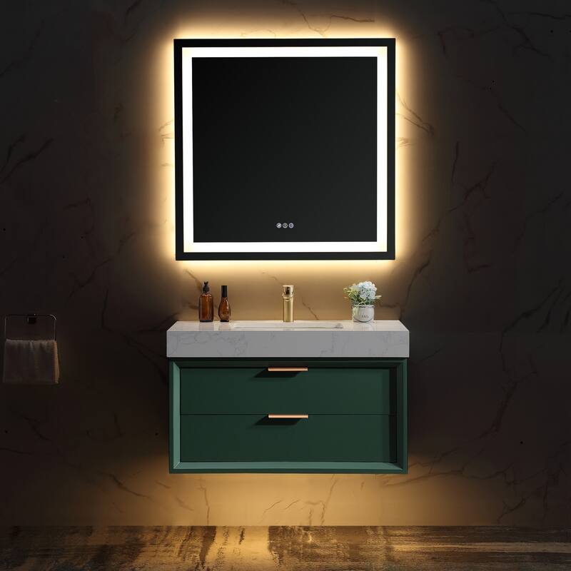 Modland 36" Wall-Mount Vanity with LED Light & 2 Soft-Close Drawers - Solid Oak, Black,White,Blue,Green - 36 inch