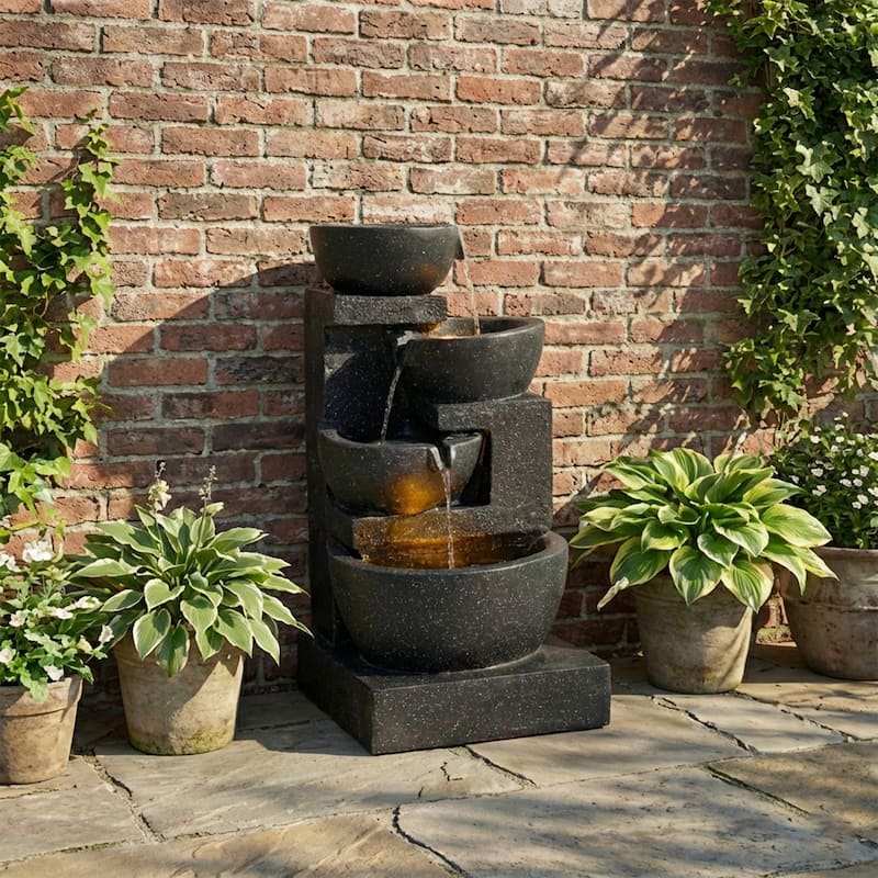GDFStudio - Terrazzo 29" H Modern Outdoor/Indoor 4-Tier Water Fountain with Cascading Bowls, Stacked Stones Design & LED Lights