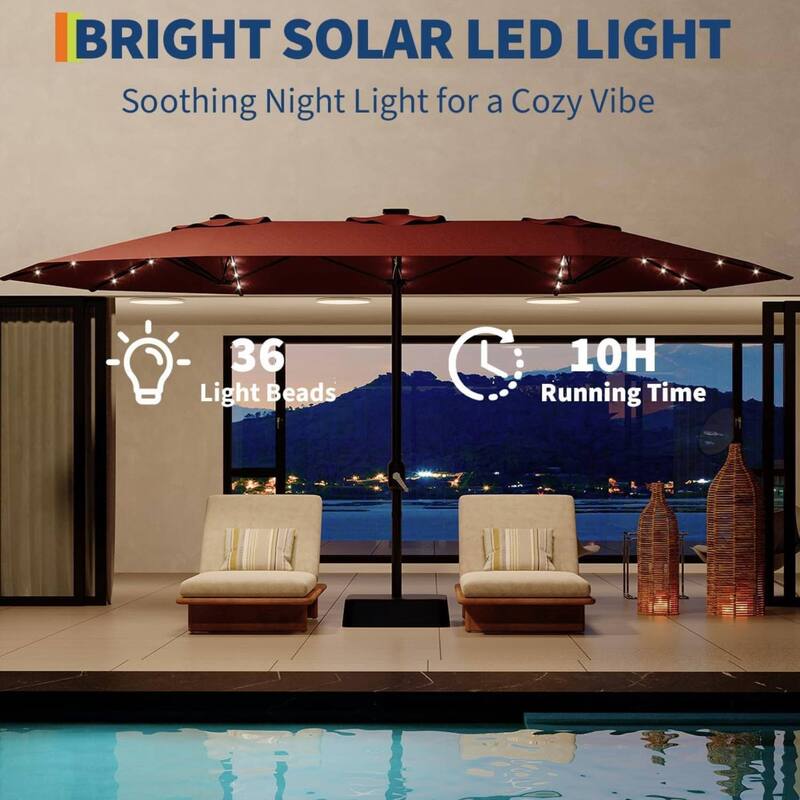 15FT Double-Sided Patio Umbrella with with LED and Base Included for Pool Lawn Garden