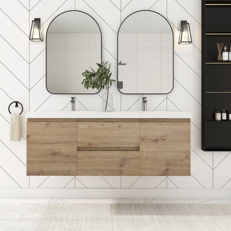 MDF Wall-Mounted Bathroom Vanity Set in Oak with Integrated Culture Marble Sink - 60'' x 20''