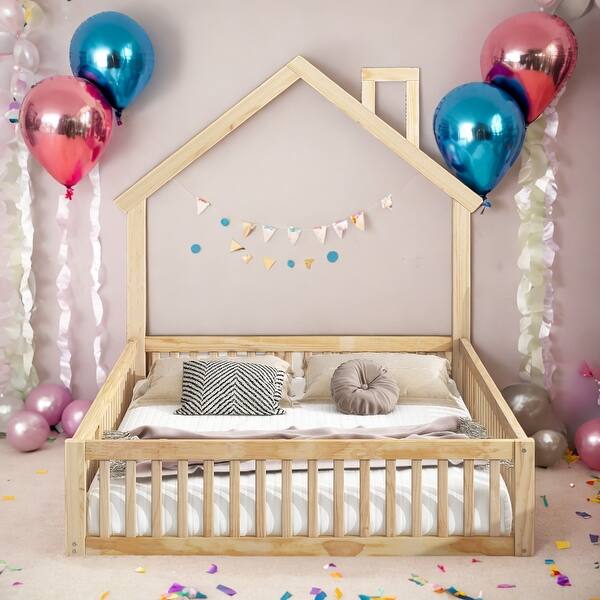 slide 2 of 18, Full Size House Shaped Kids Platform Bed Frame with Guardrai, Natural Natural