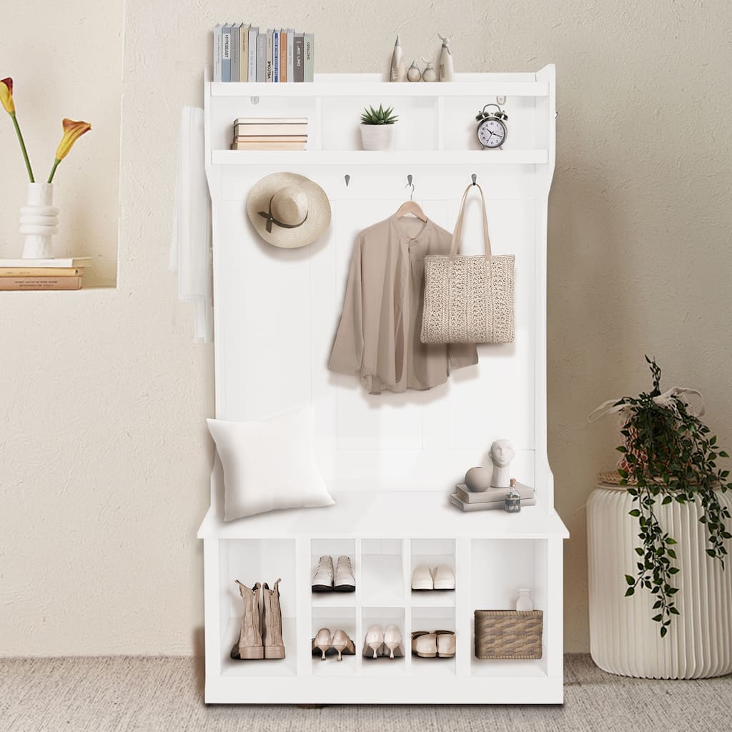 Entryway Hall Tree with Bench and Shoe Storage, Coat Rack with 8 Shoe Storage Cube and 6 Hanging Hooks Storage Cabinet