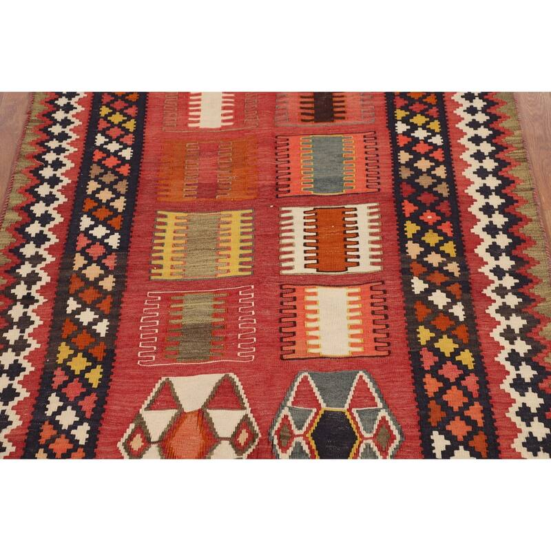 Kilim Qashqai Persian Vintage Rug Hand-Woven Red Tribal Wool Carpet - 5'5"x 9'9"