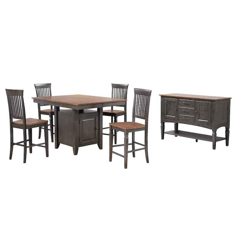 Counter Height Dining Set Extendable Table 5 Stools Storage Cabinet Distressed Brown Wood