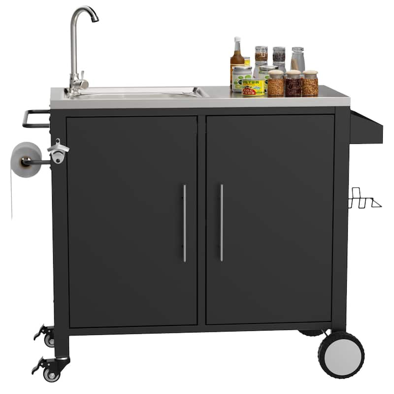 Outdoor Grill Table with Sink, Grill Cart with 304 Stainless Steel Sink and Cabinet, Outdoor Grill Cart