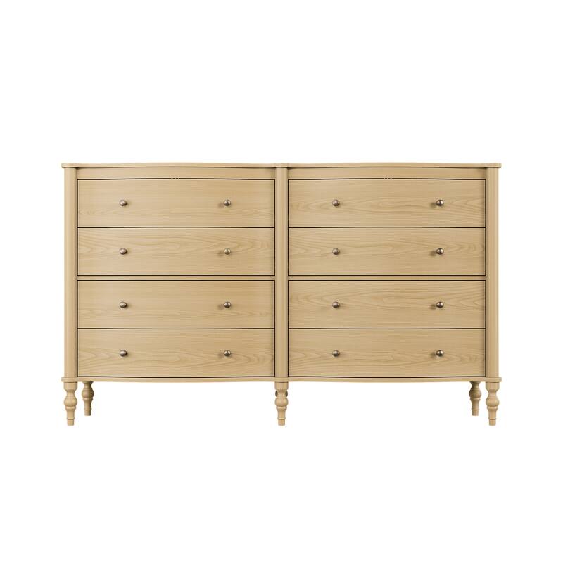 Elegant 8-Drawer Dresser with Solid Wood Legs, Vintage Curved Front Chest of Drawers for Bedroom Storage