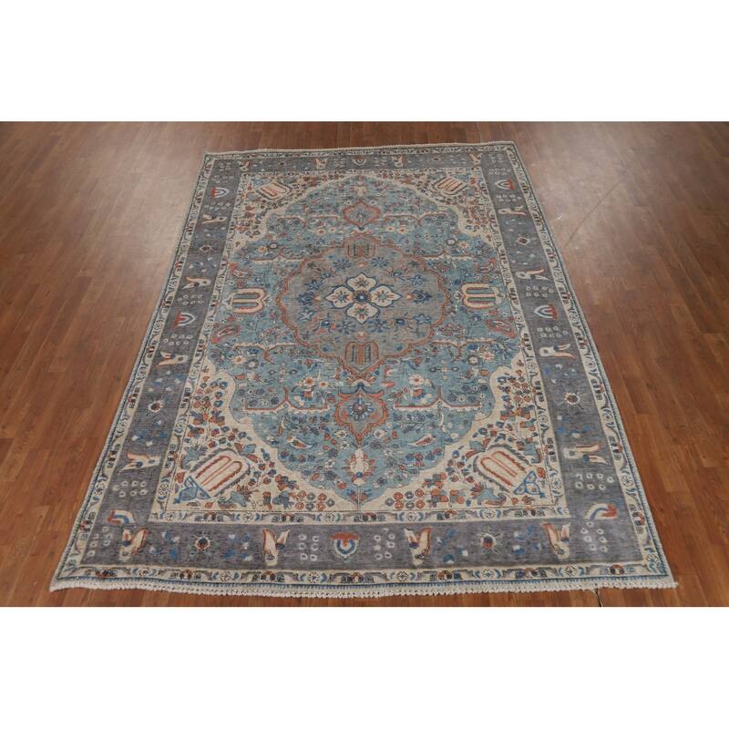 Traditional Tabriz Persian Area Rug Blue Hand-Knotted Wool Carpet - 6'5"x 9'4"