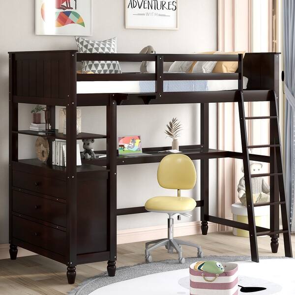 slide 2 of 9, Twin Loft Bed with 6 Storage Drawers, Desk, and Full-Length Guardrail Espresso