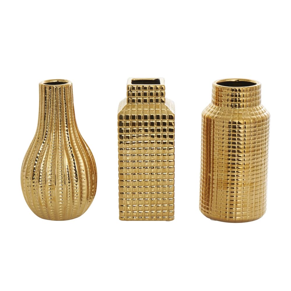Ceramic Geometric Dimensional Textured Decorative Vase with Varying Shapes - Set of 3 Gold, Silver, Cream - Roche River Decor
