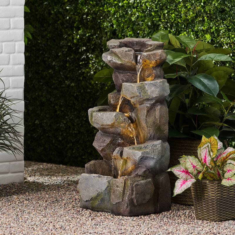 Roomfitters Apache 34-Inch Stacked Rock Outdoor Tiered Water Fountain with LED Lights, Weather-Resistant Faux Stone, Stone Gray - Stone Gray