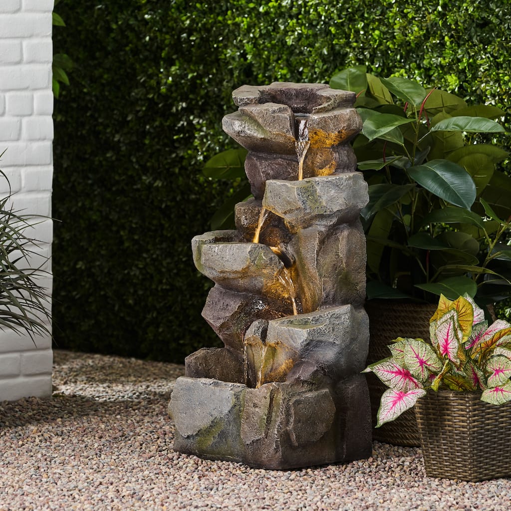Roomfitters Apache 34-Inch Stacked Rock Outdoor Tiered Water Fountain with LED Lights, Weather-Resistant Faux Stone, Stone Gray