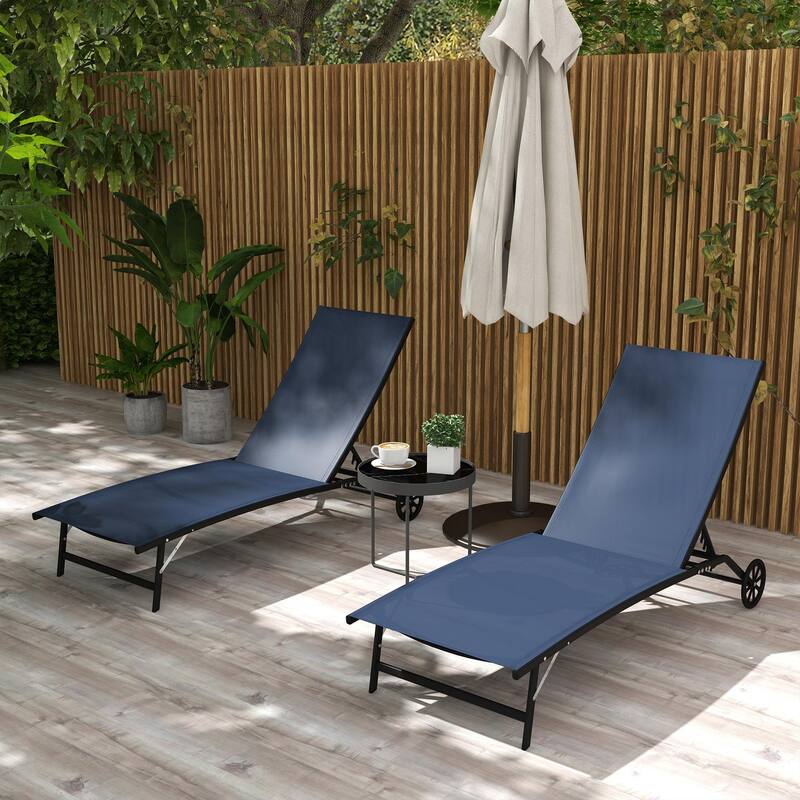 Outdoor Steel Frame Mesh Recliner with Wheels 2-Piece Set