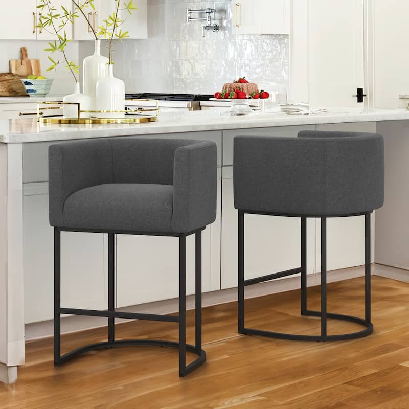 26 in. Counter Height Low Back Bar Stool with Metal Frame Modern Barrel Fabric Bar Stool for Kitchen Island