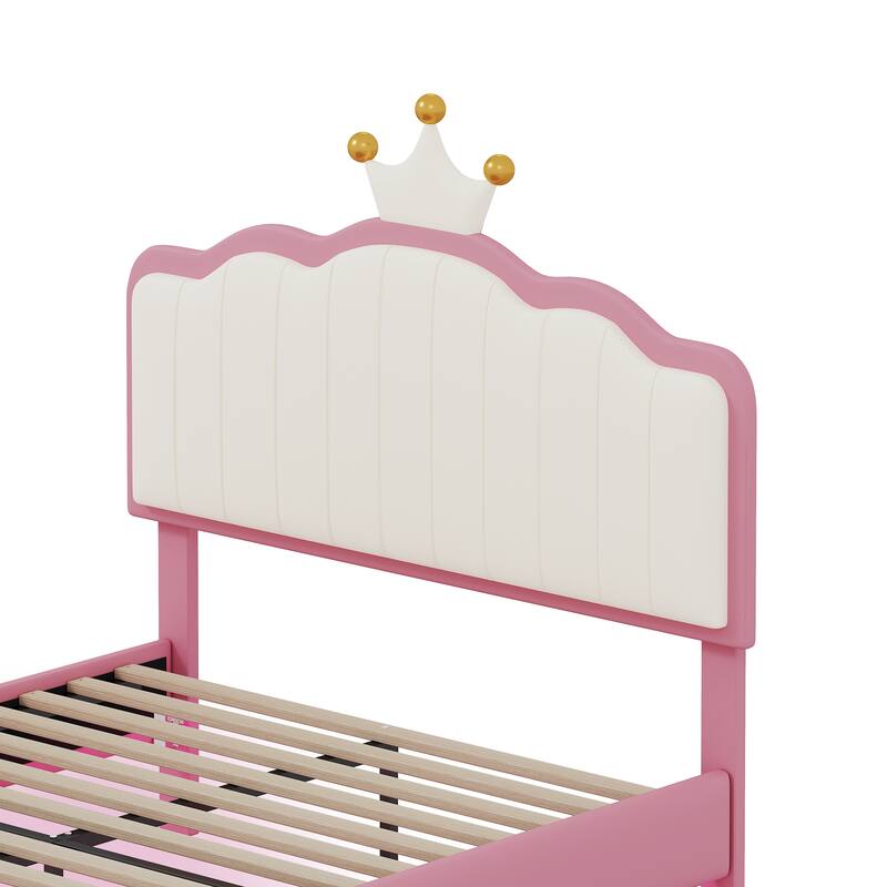 Twin/Full Size Upholstered Kids Princess Bed with Crown Headboard, PU Leather Platform Bed Frame with Light Strips