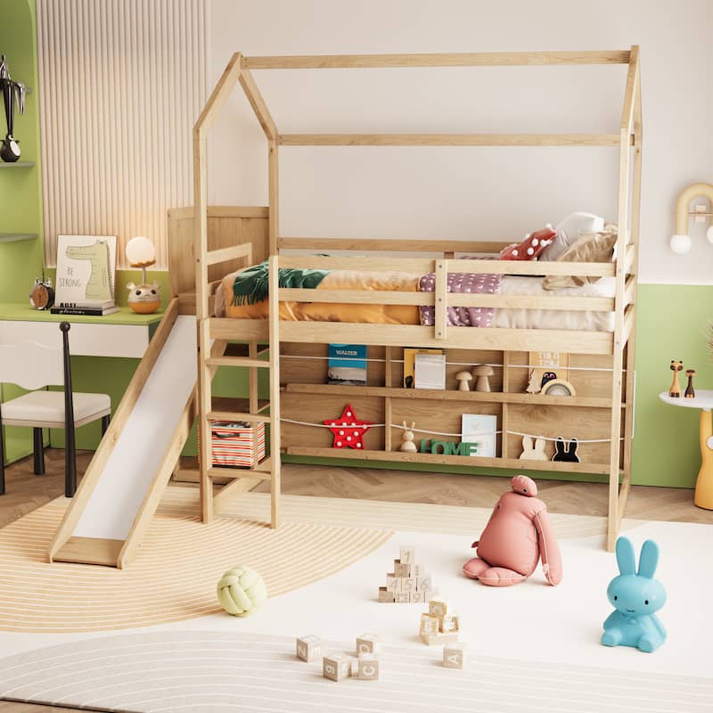 Twin Size Wood House Loft bed with Slide