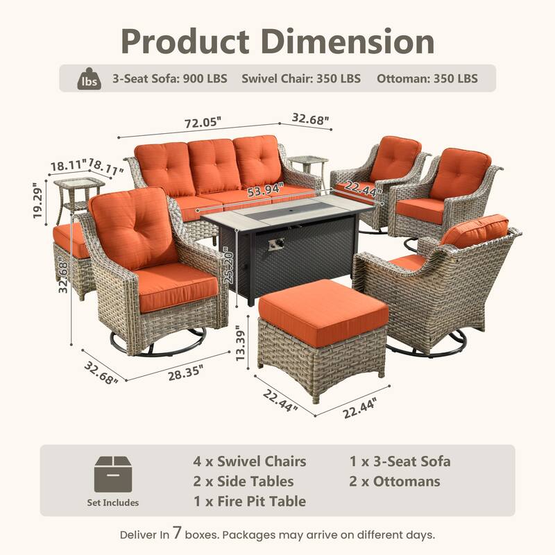 HOOOWOOO 10-piece Wicker Outdoor Patio High Back Swivel Chair Set with Fire Pit