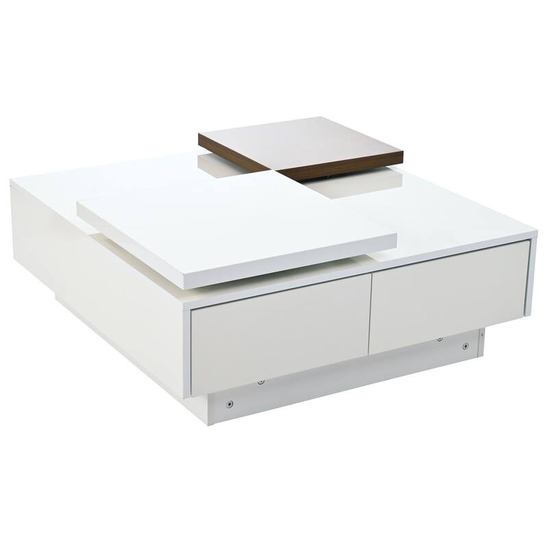 Movable Top Coffee Tables, Wood Square Center Table, High Gloss Cocktail Table with 4 Storage Drawers for Living Room