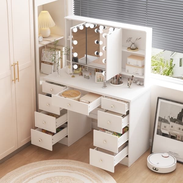 slide 2 of 40, Luxurious LED Makeup Vanity with 9 Drawers Elegant Makeup Station White