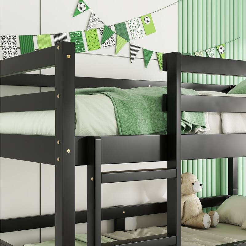 Space-Saving Triple Twin Bunk Bed, Rubber Wood Construction, Detachable into Three Beds, with Guardrails