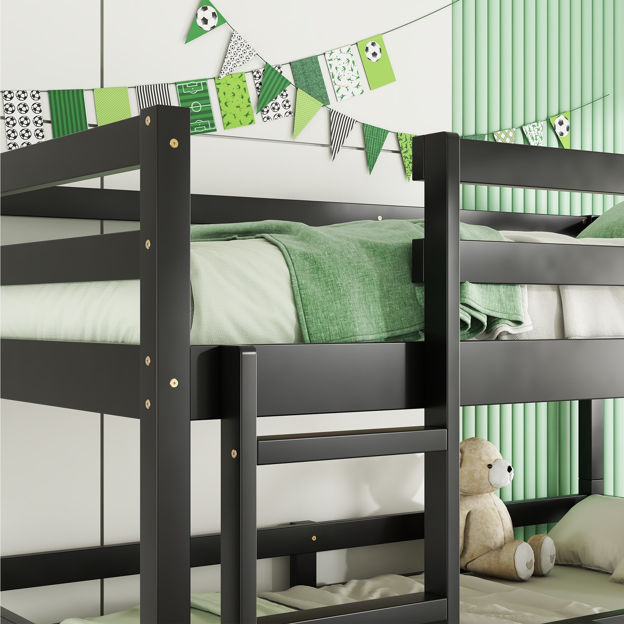 Triple Twin Bunk Bed, Solid Rubberwood Frame with Two Ladders and