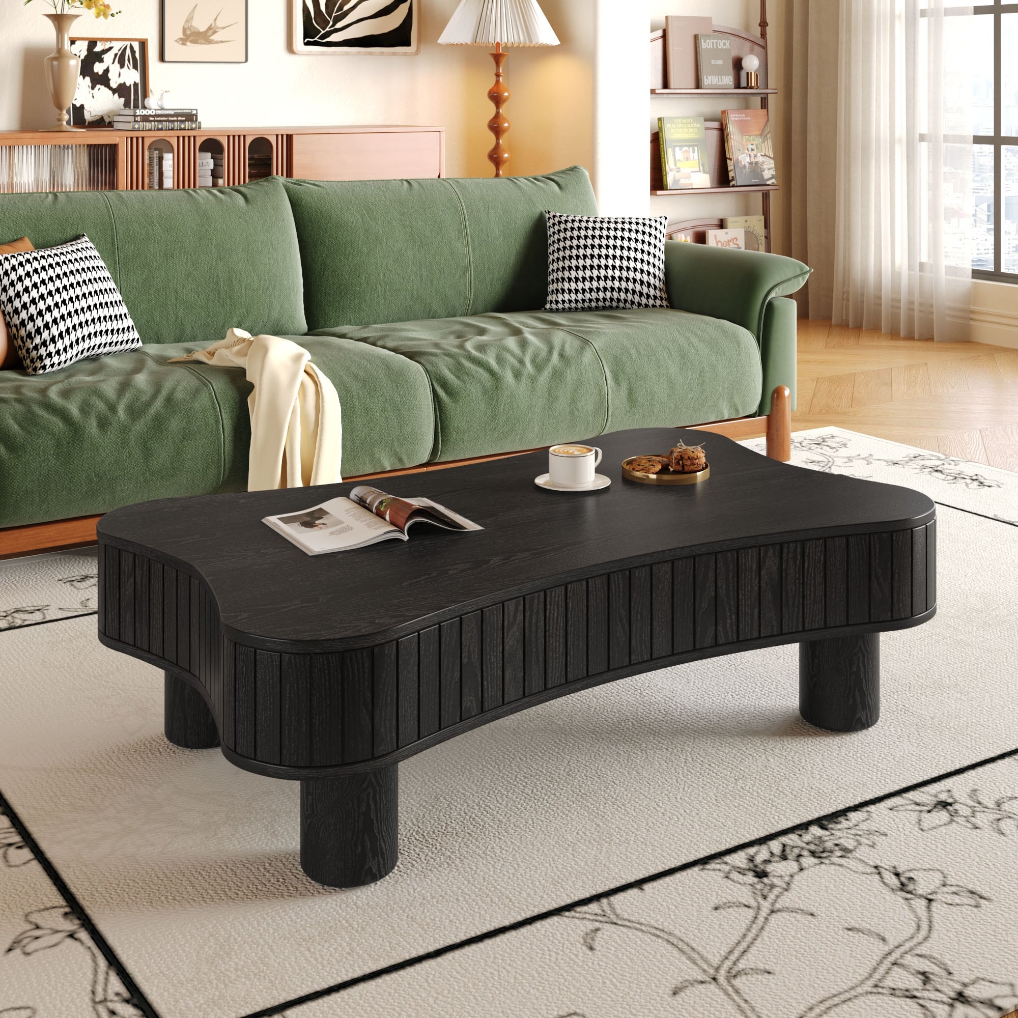 Lift-Top Coffee Table Office Table with Three Hidden Storage, Center Table Floating Desk with Fluted Panels
