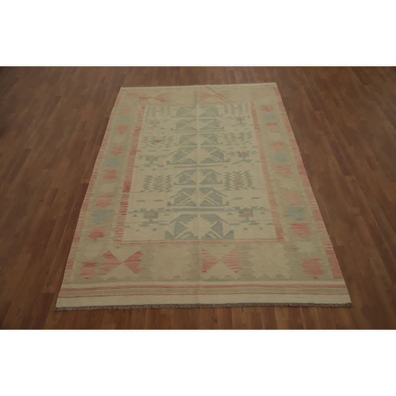 Hand Woven Oriental 100% Wool Carpet Southwestern Tribal Beige & Ivories Kilim Area Rug - 8' 11'' X 5' 10''