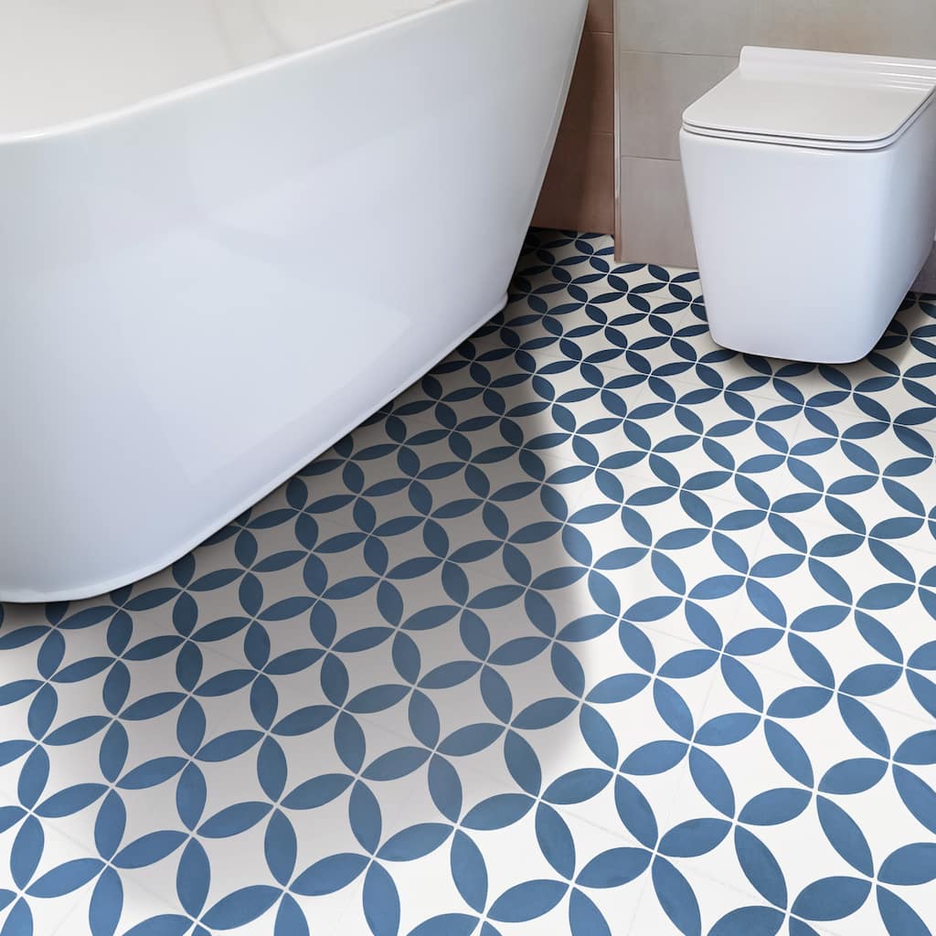 Amlo Handmade Cement Tile, 8x8, White-Navy