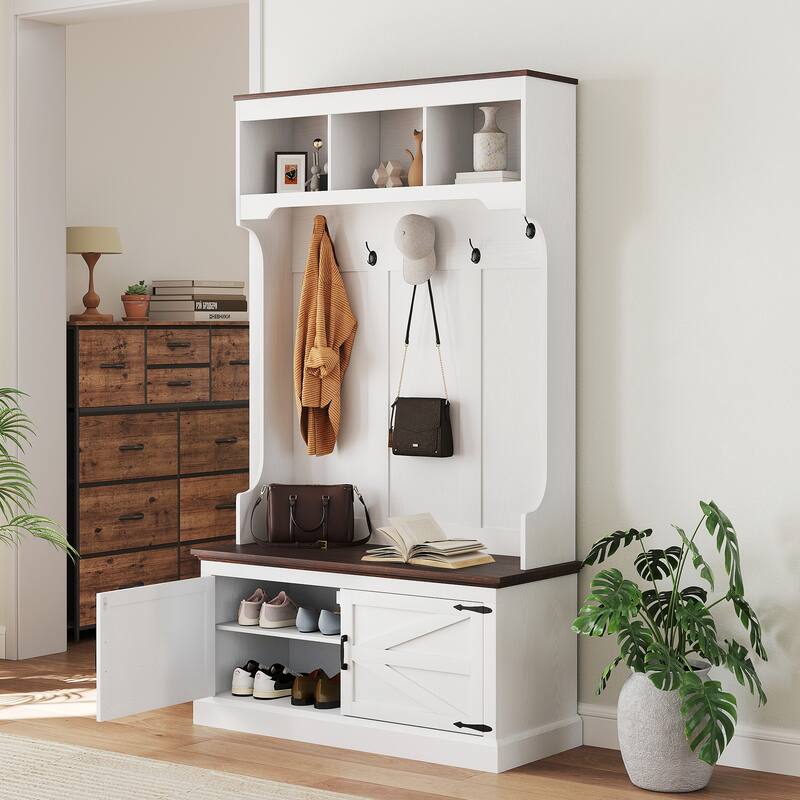 HOMCOM 3-in-1 Hall Tree with Shoe Storage, Standing Coat Rack with Shoe Bench, Entryway Furniture with Five Hooks - White