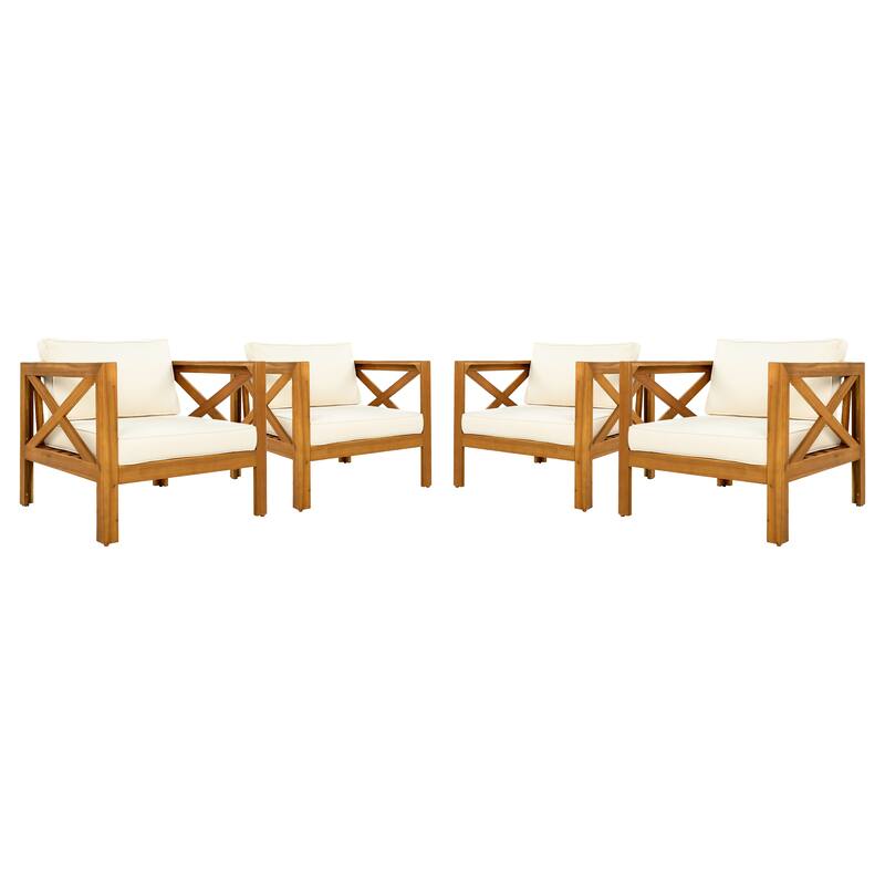 Outdoor Acacia Wood Club Wooden Armchair with Cushions (Set of 4), Conversation Set,Suitable For Outdoor Gatherings