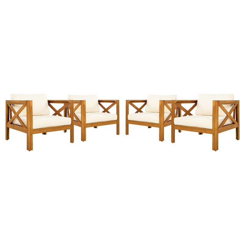 Outdoor Acacia Wood Club Wooden Armchair with Cushions ， Conversation Set,Teak Finish,Beige Cushion set of 2
