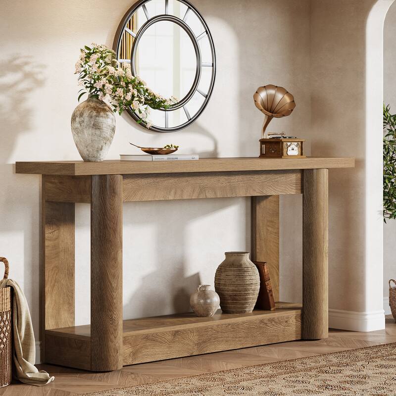 63 Inch Entryway Console Table, 2-Tier Sofa Table Behind the Couch - Oak Brown
