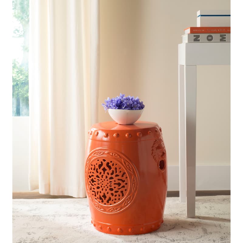 SAFAVIEH Irsila Flower White Drum Ceramic Decorative Garden Stool - Orange
