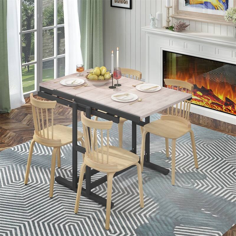 Wood Multifunction Convertible Dining Table with Metal Frame