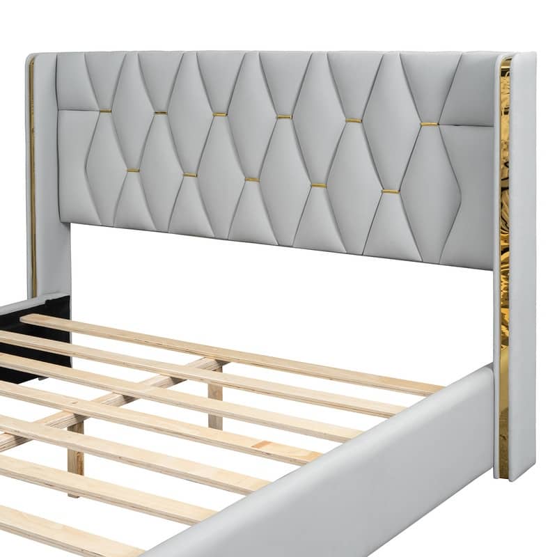 PU Upholstered Platform Bed with Metal Strips