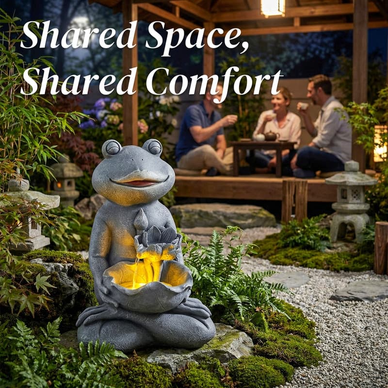 Outdoor Meditating Frog Water Fountain with Lotus Accents 18.9in Tall and Lights