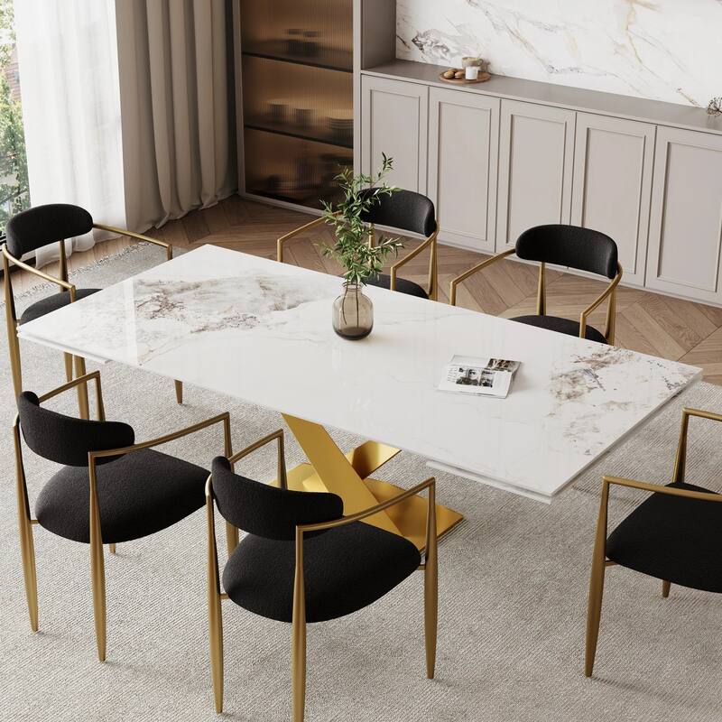 9 - Piece 94.48'' Modern Minimalist Extendable Sintered Stone Top Dining Set with 8 Fabric Chair