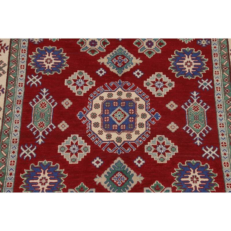 Red Geometric Kazak Oriental Area Rug Hand-Knotted Wool Carpet - 5'8" x 8'4"