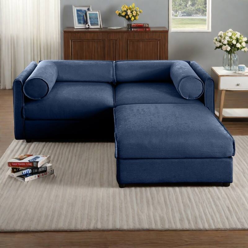 75.5" 2-Seater Chenille Sofa with Ottoman Storage, Cylindrical Backrest and Modular Design - Blue