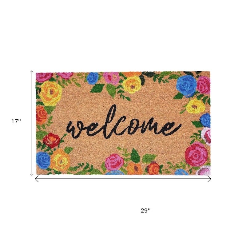 HomeRoots 17" X 29" Natural Blue Pink And Yellow Floral Welcome Outdoor Coir Door Mat - 17' X '29