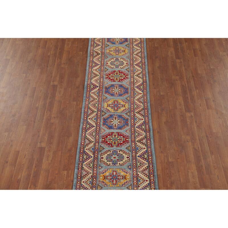 Light Blue Kazak Oriental Runner Rug Hand-Knotted Wool Carpet - 2'7" x 12'9"